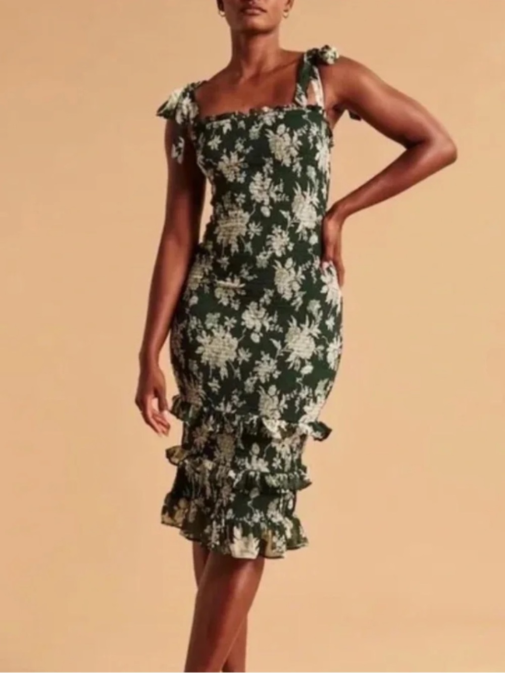 Abercrombie & Fitch Dark Green Floral Ruffle Midi Dress